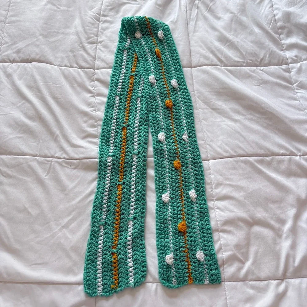 Handmade Crochet Scarf Teal Mustard White Polka Dot Striped Boho Knit Winter